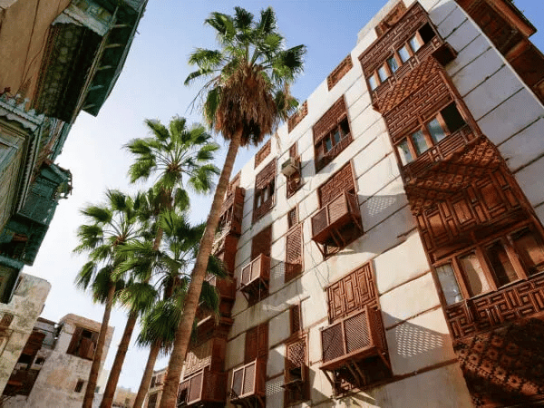 A view of the colorful and intricately decorated traditional houses in Jeddah Al Balad, Saudi Arabia