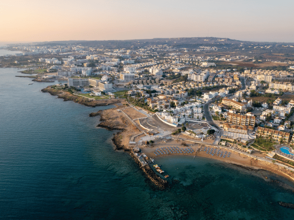 Aerial view of Pernera and Protaras holiday resorts along the Mediterranean – DMC Cyprus