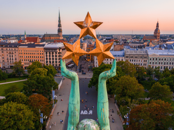 Aerial view of the Freedom Monument in Riga, Latvia