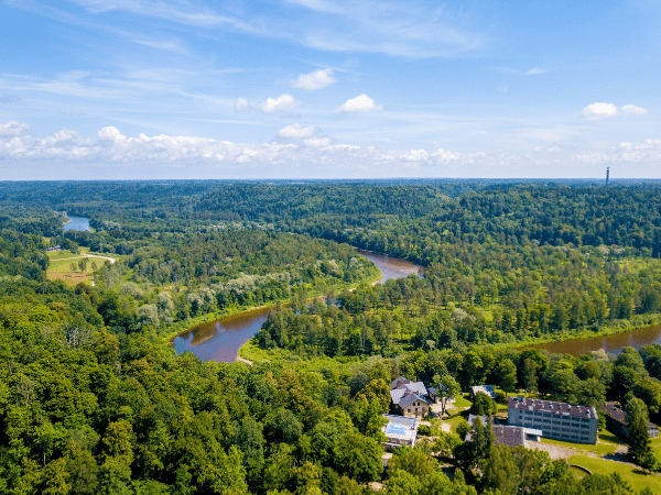 Aerial view of the Gauja National Park in Latvia, showcasing lush greenery and winding rivers—perfect for nature tours with a leading DMC in Latvia.