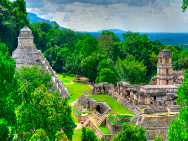 Palenque, Mexico  Mayan ruins, including the Temple of the Inscriptions, nestled in the jungle of Chiapas, a popular tourist destination for cultural and historical tours.