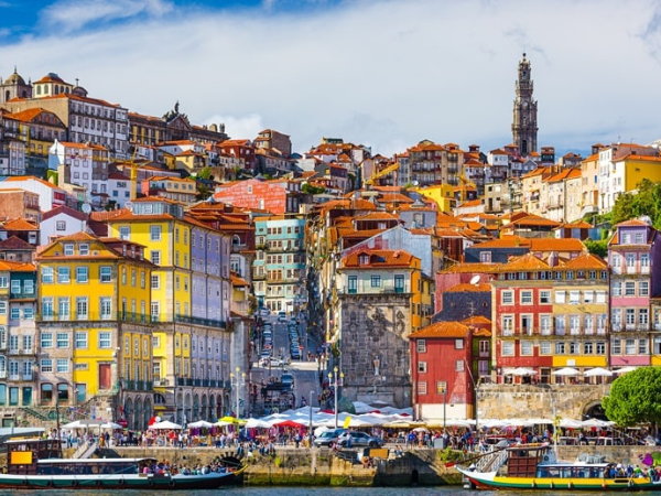 The historic Ribeira district of Porto, Portugal, a UNESCO World Heritage site, with its characteristic colorful architecture and Douro River views.