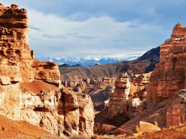 View of a canyon with rugged rock formations in Kazakhstan