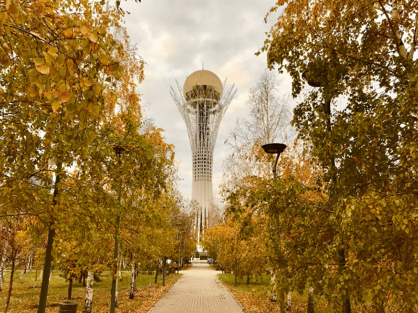 Tall tower, likely Bayterek Tower, in Astana, Kazakhstan.