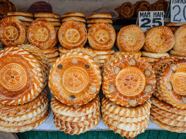 Stack of round bread for sale at a market stall in Kyrgyzstan